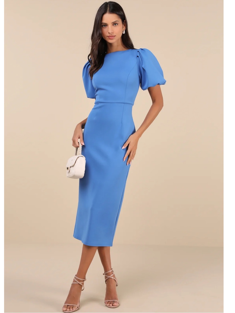 Lulus Simply Beloved Blue Puff-Sleeve Bodycon Midi Dress Large NWT
